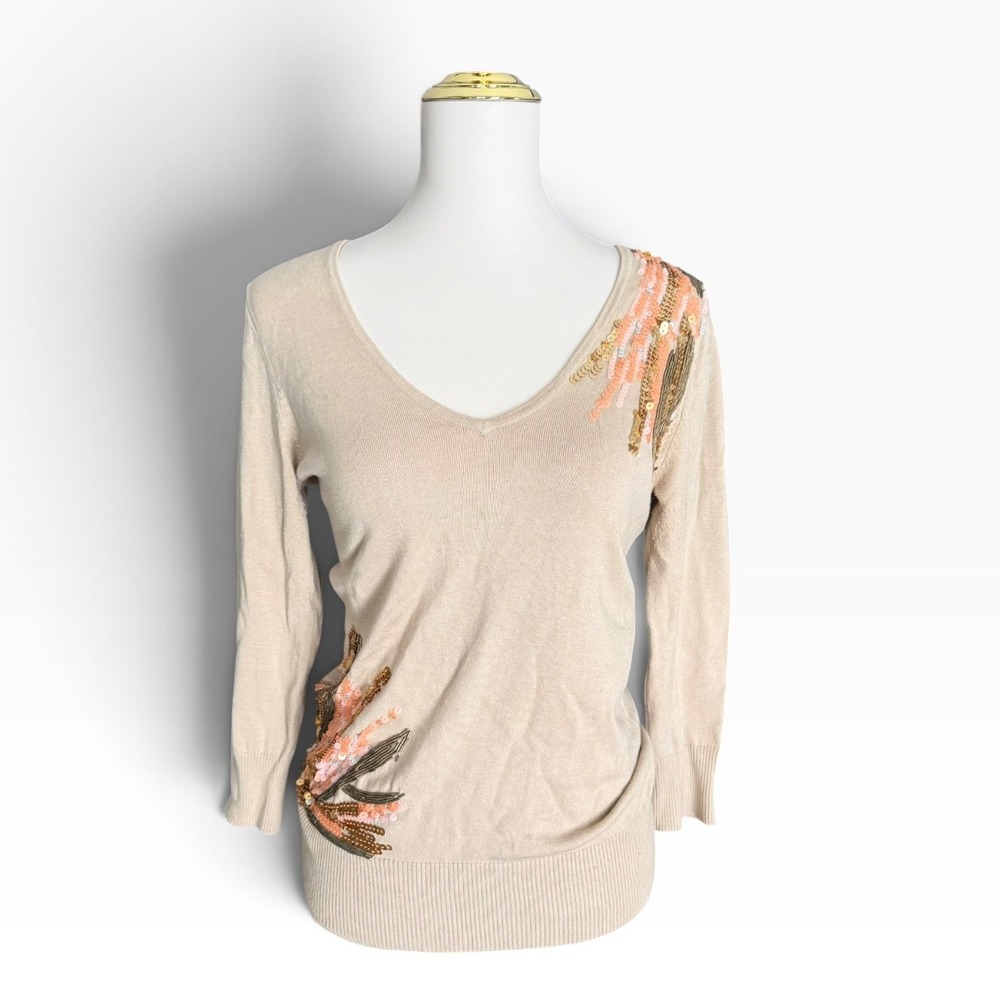 Vintage y2k Cache Beige Beaded Sequin V-Neck Sweater Medium 3/4 Sleeve Y2K Glam